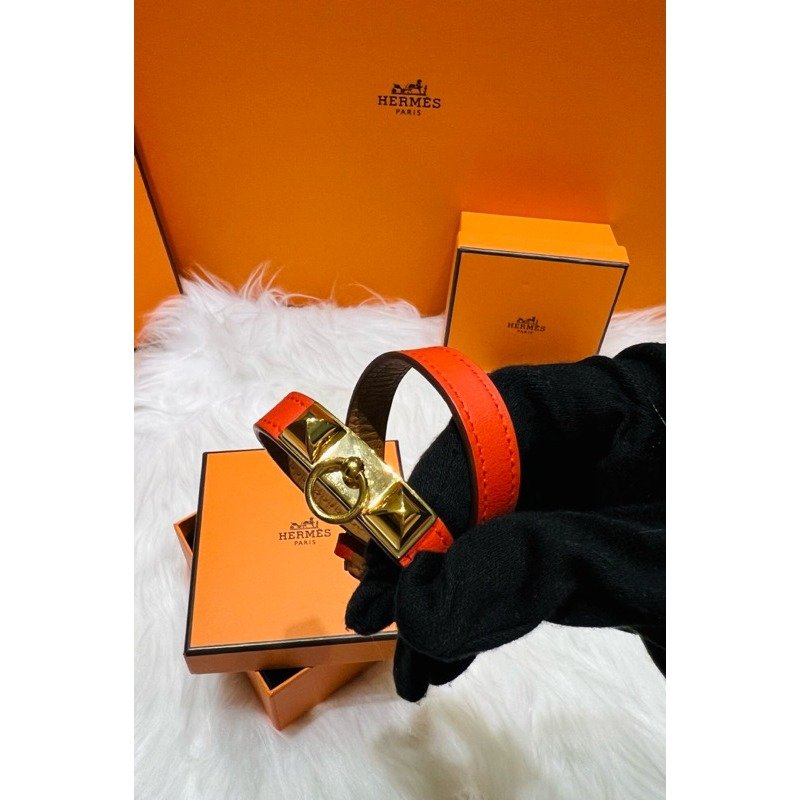 🇫🇷Hermes 愛馬仕 雙圈 經典橘 金釦皮革 手環/手鐲 9.5成新美品-0