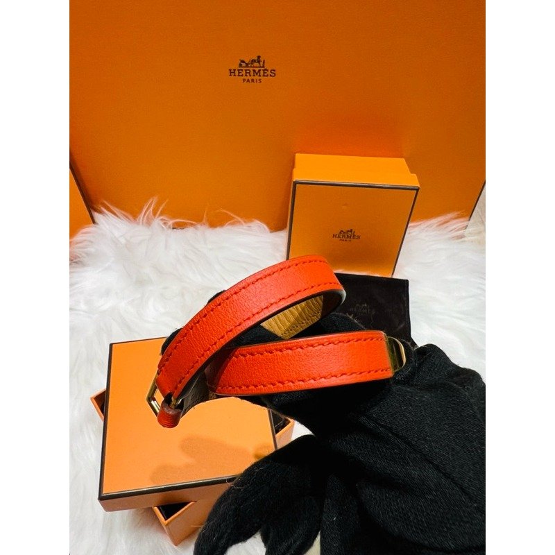 🇫🇷Hermes 愛馬仕 雙圈 經典橘 金釦皮革 手環/手鐲 9.5成新美品-1