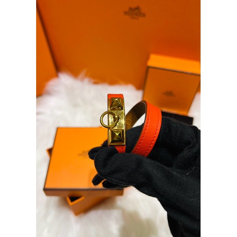 🇫🇷Hermes 愛馬仕 雙圈 經典橘 金釦皮革 手環/手鐲 9.5成新美品-3