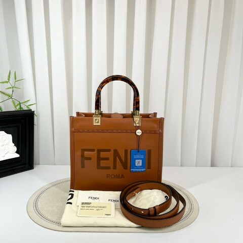 FENDI 焦糖色中號托特包 大氣復古範 琥珀色玳瑁手柄配金色五金