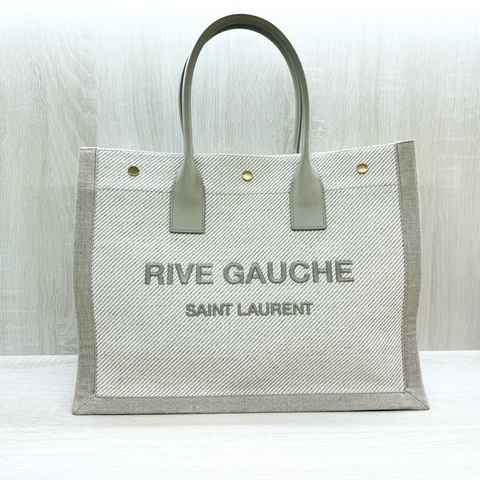 YSL米白帆布拚皮革手把刺繡字母購物托特包