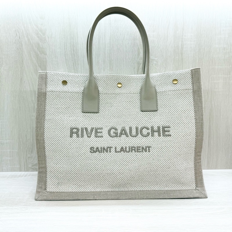 YSL米白帆布拚皮革手把刺繡字母購物托特包-0