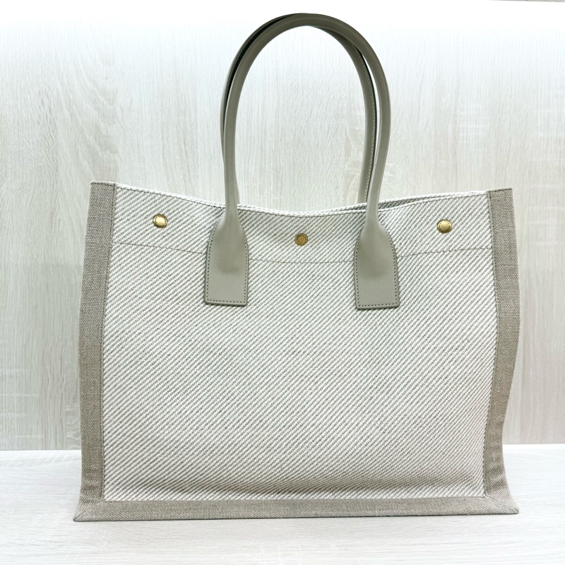 YSL米白帆布拚皮革手把刺繡字母購物托特包-1