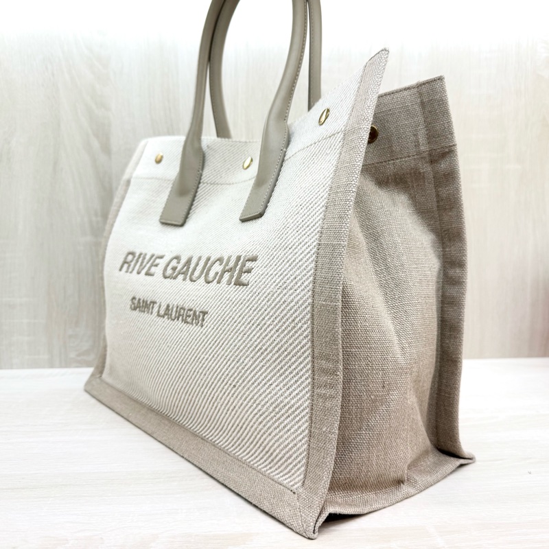 YSL米白帆布拚皮革手把刺繡字母購物托特包-2