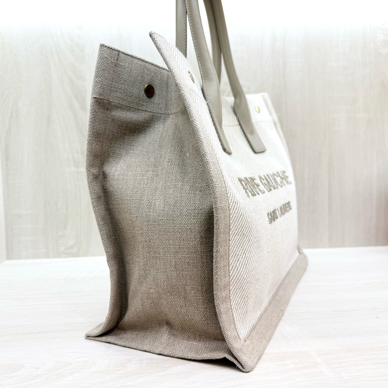 YSL米白帆布拚皮革手把刺繡字母購物托特包-3