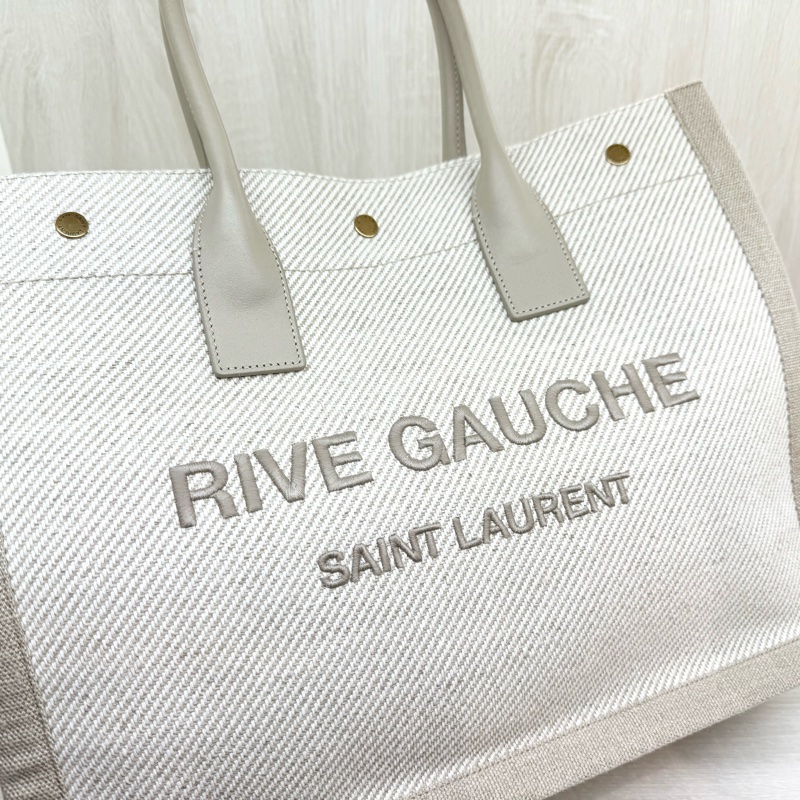 YSL米白帆布拚皮革手把刺繡字母購物托特包-5