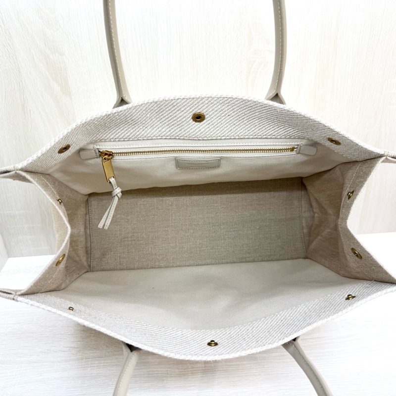 YSL米白帆布拚皮革手把刺繡字母購物托特包-7