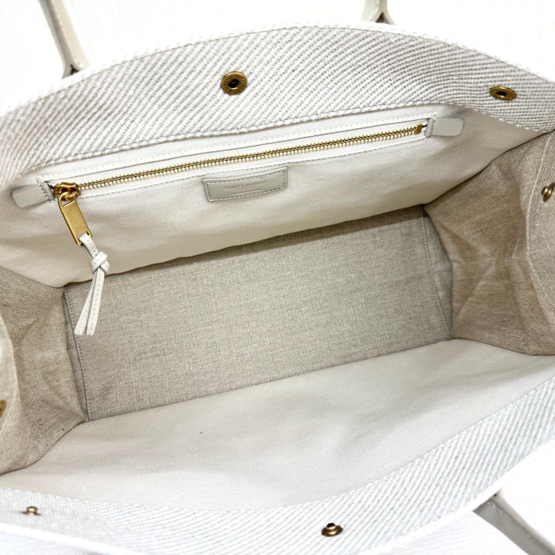 YSL米白帆布拚皮革手把刺繡字母購物托特包-8