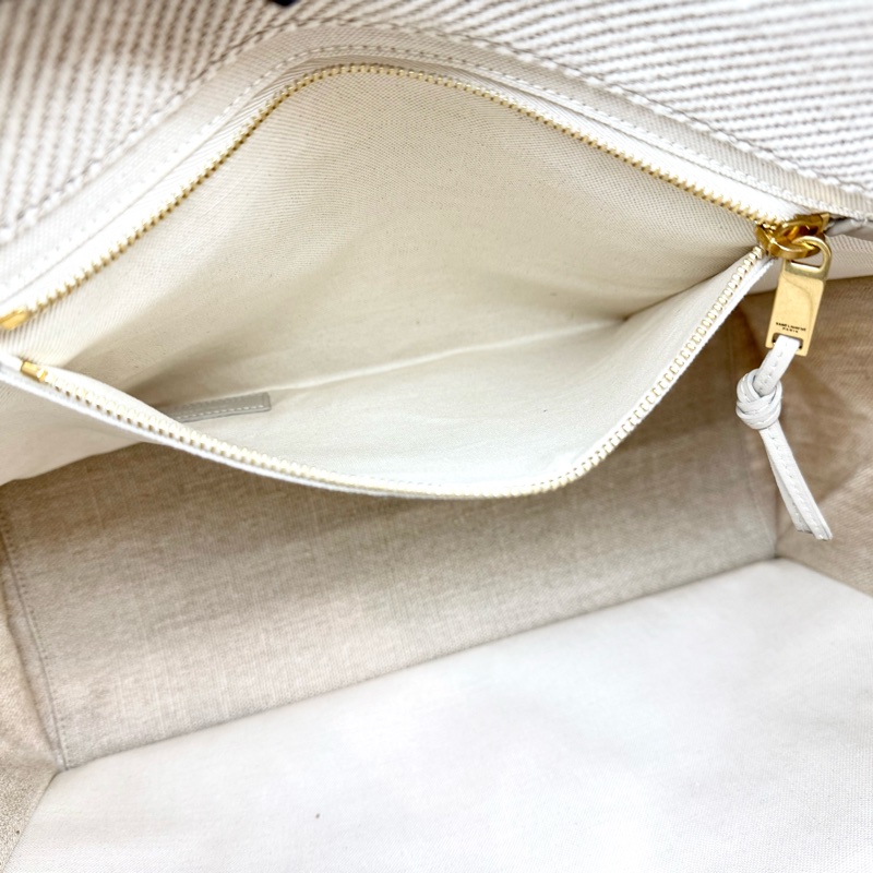 YSL米白帆布拚皮革手把刺繡字母購物托特包-9
