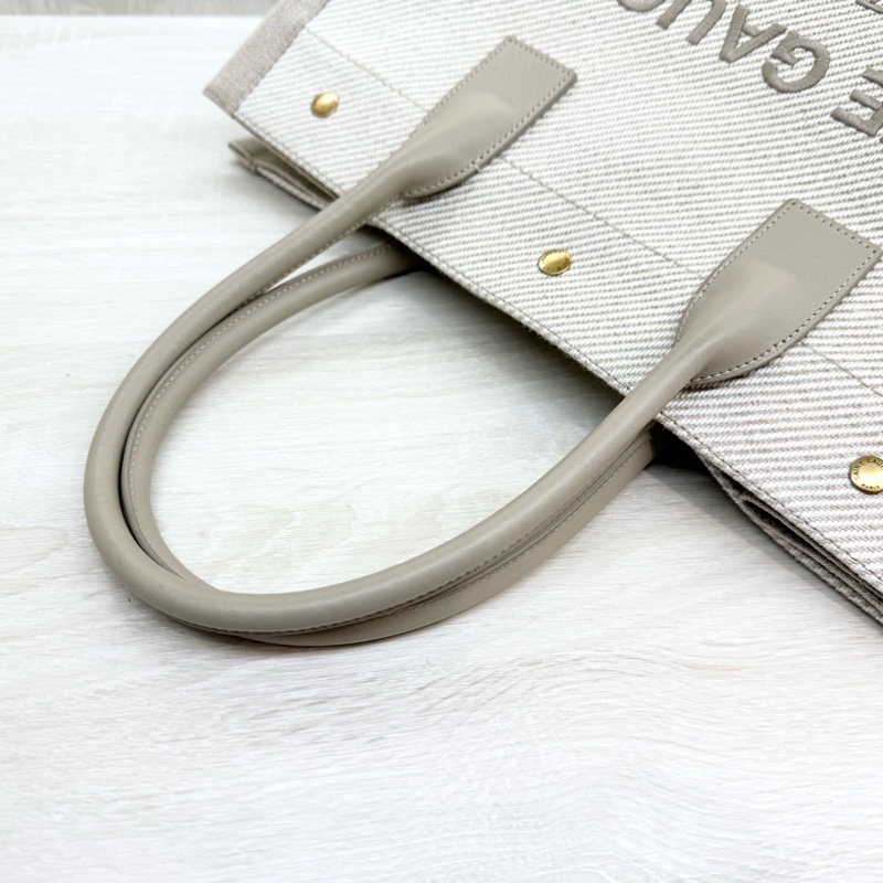 YSL米白帆布拚皮革手把刺繡字母購物托特包-10