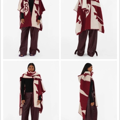 BURBERRY英國馬術騎士徽標羊毛毯式斗篷/樹莓紅ONE SIZE