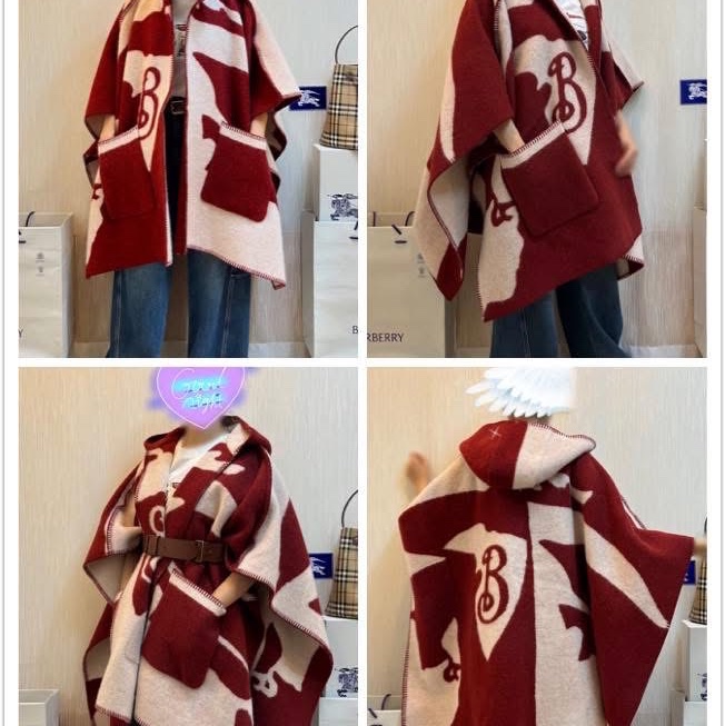 BURBERRY英國馬術騎士徽標羊毛毯式斗篷/樹莓紅ONE SIZE-1