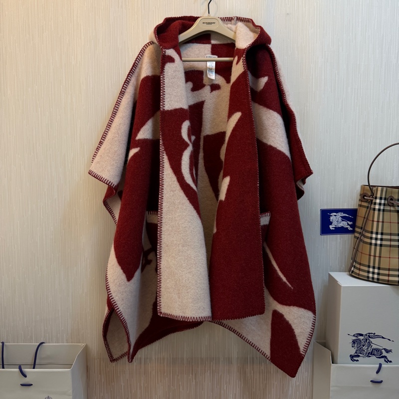 BURBERRY英國馬術騎士徽標羊毛毯式斗篷/樹莓紅ONE SIZE-2