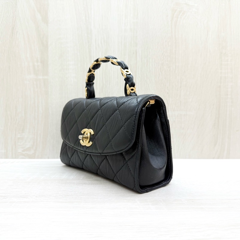 CHANEL黑金揉製羊皮雙C手把轉釦側背包AS2477-2