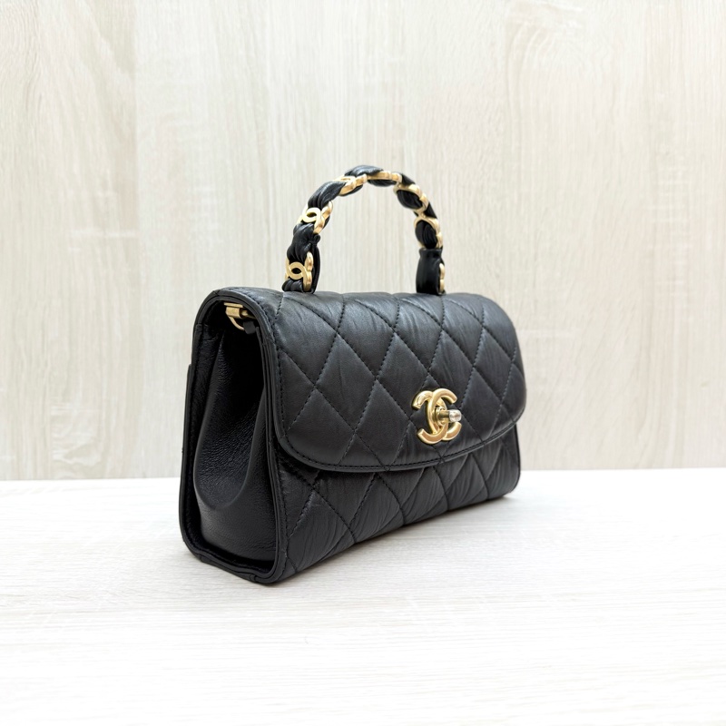 CHANEL黑金揉製羊皮雙C手把轉釦側背包AS2477-3