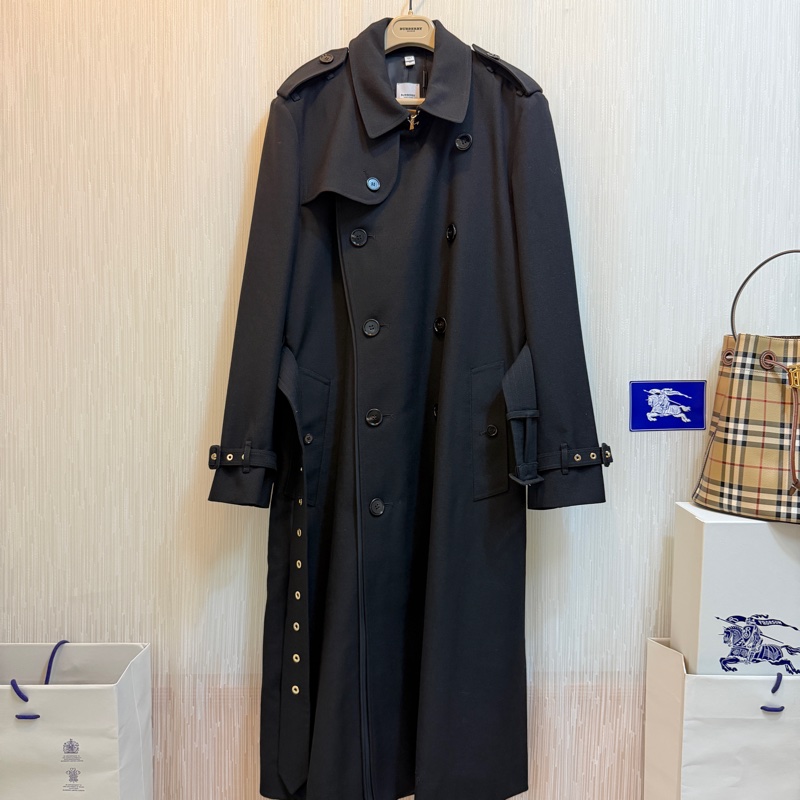 BURBERRY英國男款黑色羊毛斜紋翻折式大衣48-5