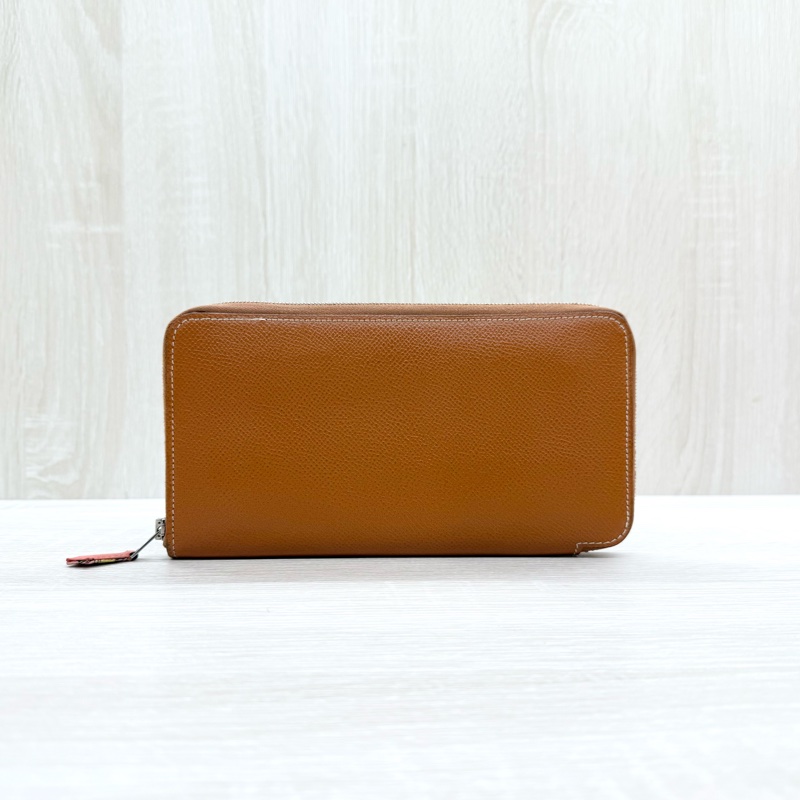 HERMES棕色EPSOM皮銀釦太陽時鐘絲巾長夾-1