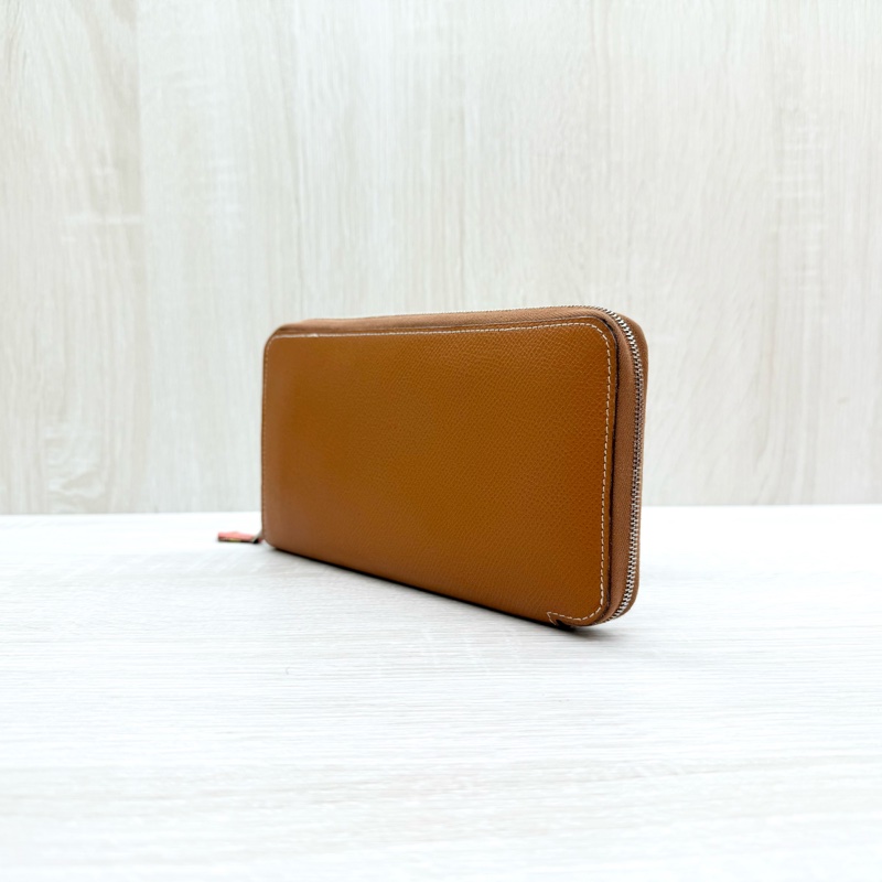 HERMES棕色EPSOM皮銀釦太陽時鐘絲巾長夾-2