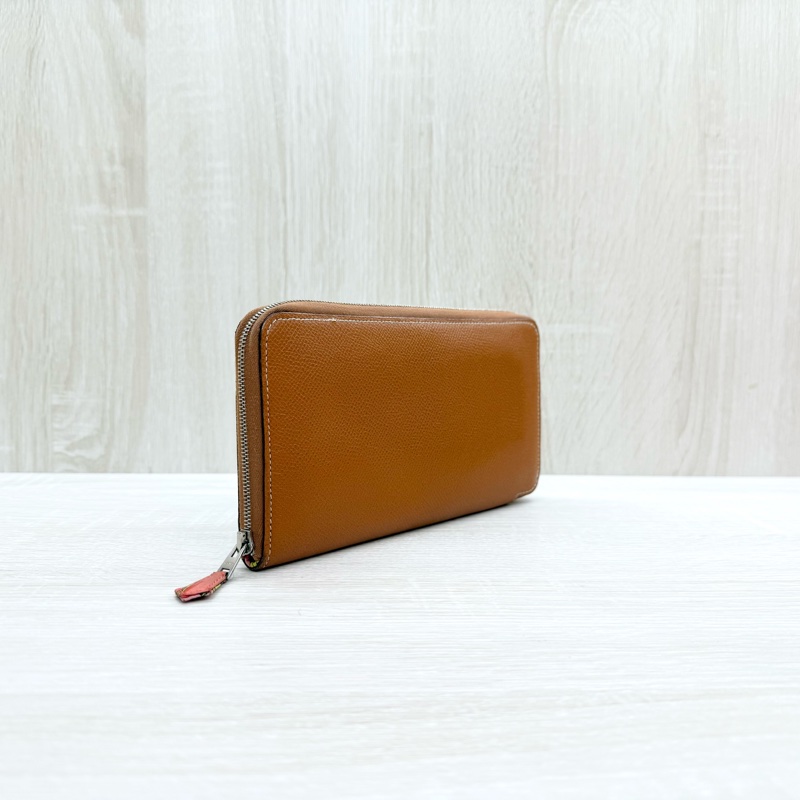 HERMES棕色EPSOM皮銀釦太陽時鐘絲巾長夾-3