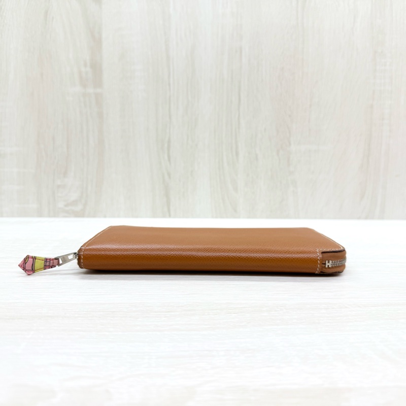 HERMES棕色EPSOM皮銀釦太陽時鐘絲巾長夾-4