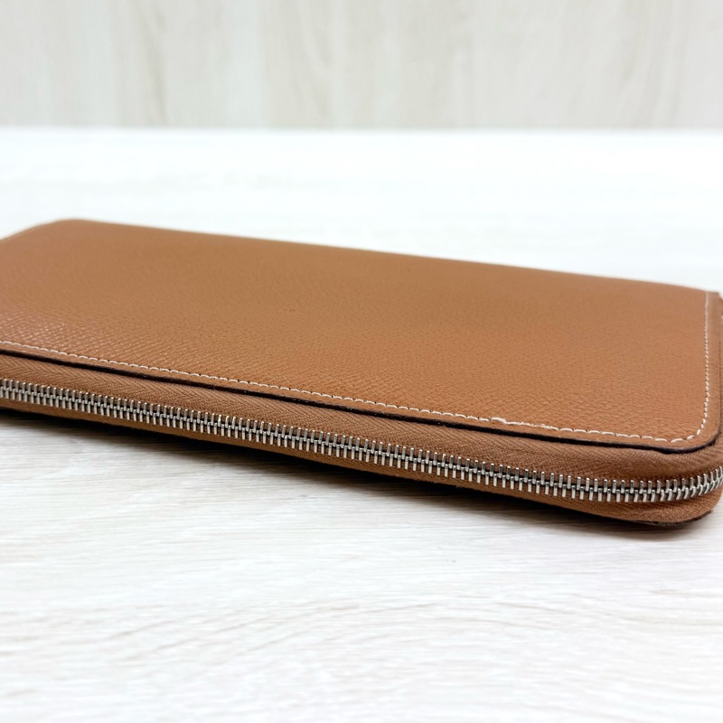 HERMES棕色EPSOM皮銀釦太陽時鐘絲巾長夾-10