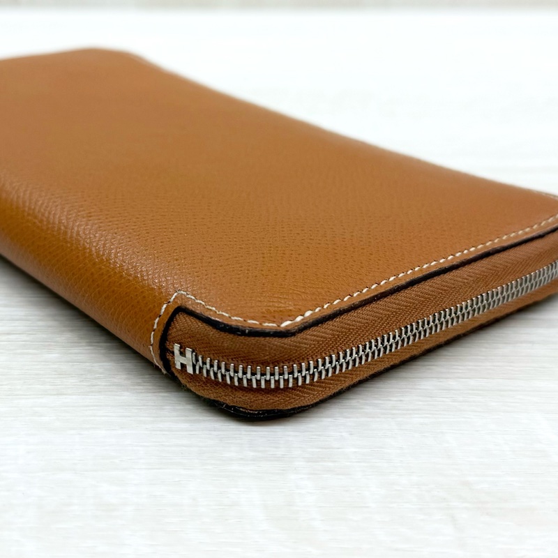 HERMES棕色EPSOM皮銀釦太陽時鐘絲巾長夾-11