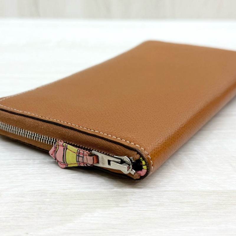 HERMES棕色EPSOM皮銀釦太陽時鐘絲巾長夾-12