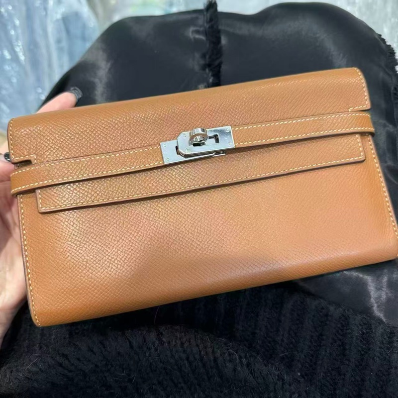 「JL精品代購」  愛馬仕金棕色銀扣kelly長錢包-0