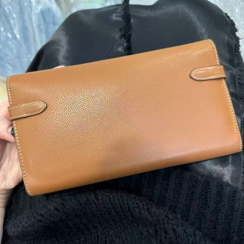 「JL精品代購」  愛馬仕金棕色銀扣kelly長錢包-1