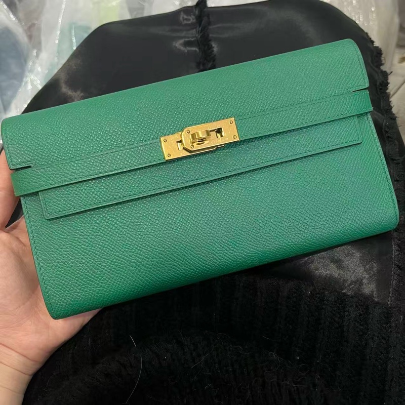 「JL精品代購」愛馬仕絲絨綠金扣kelly長錢包 E皮-0