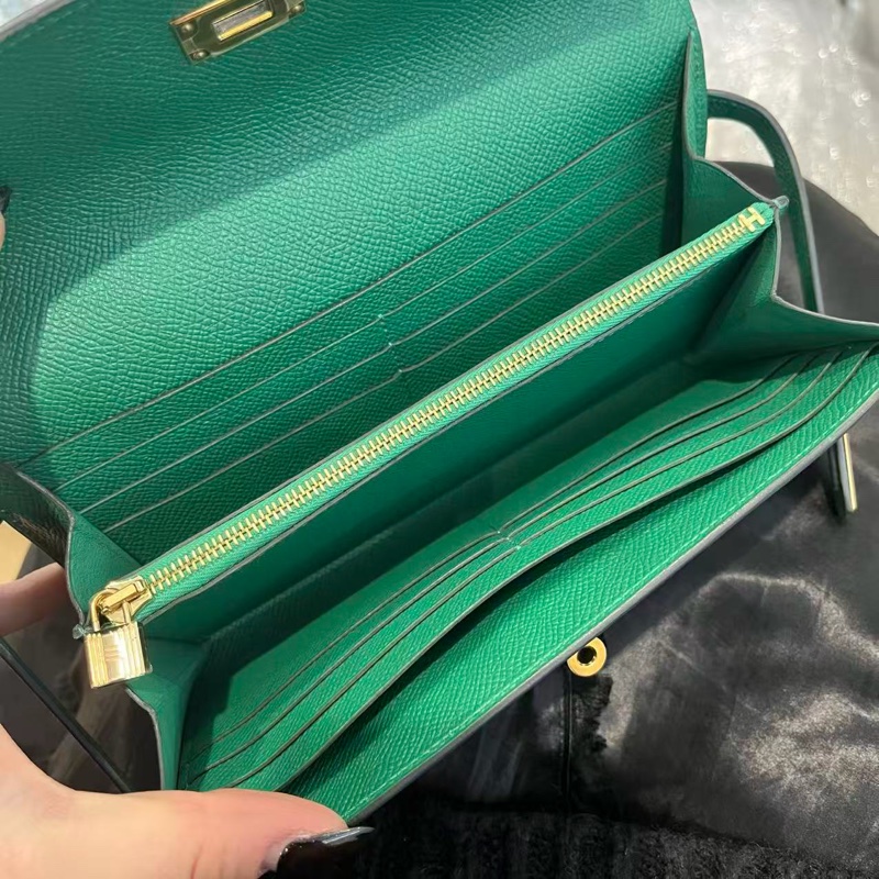 「JL精品代購」愛馬仕絲絨綠金扣kelly長錢包 E皮-2