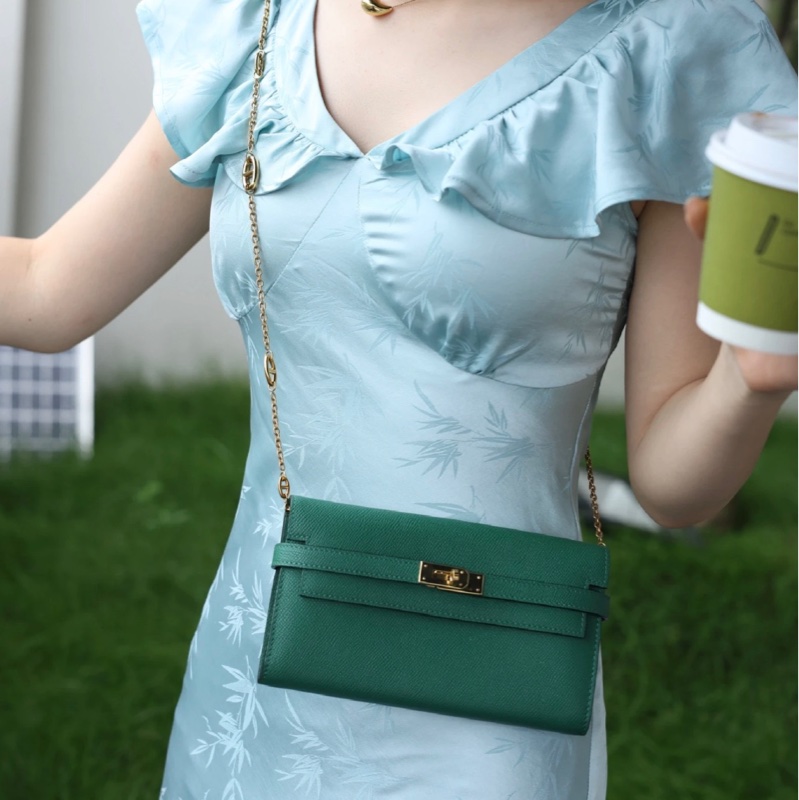 「JL精品代購」愛馬仕絲絨綠金扣kelly長錢包 E皮-4