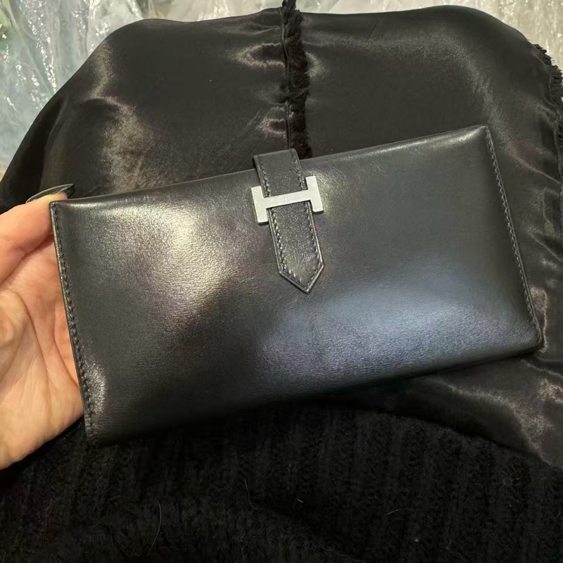 「JL精品代購」愛馬仕黑銀bearn長夾box皮-0