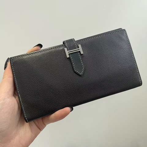 「JL精品代購」愛馬仕石墨灰銀扣外縫線bearn長錢包 E皮