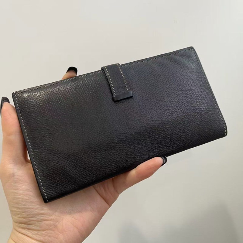 「JL精品代購」愛馬仕石墨灰銀扣外縫線bearn長錢包 E皮-1