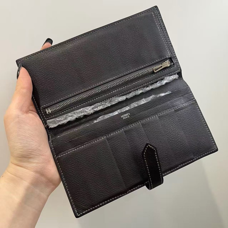 「JL精品代購」愛馬仕石墨灰銀扣外縫線bearn長錢包 E皮-2