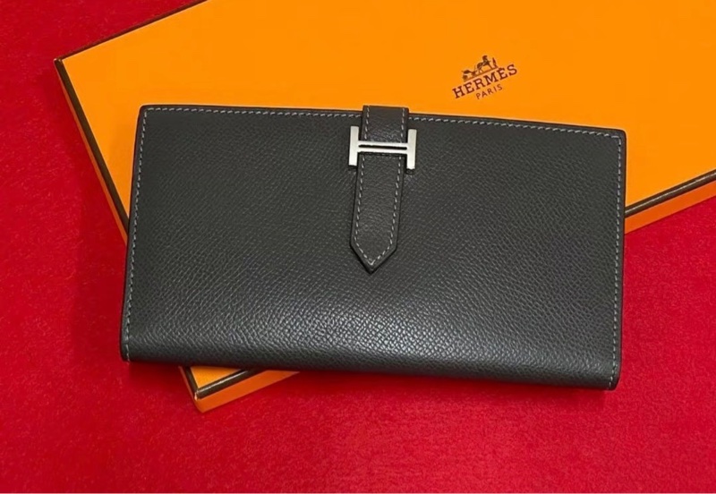 「JL精品代購」愛馬仕石墨灰銀扣外縫線bearn長錢包 E皮-4