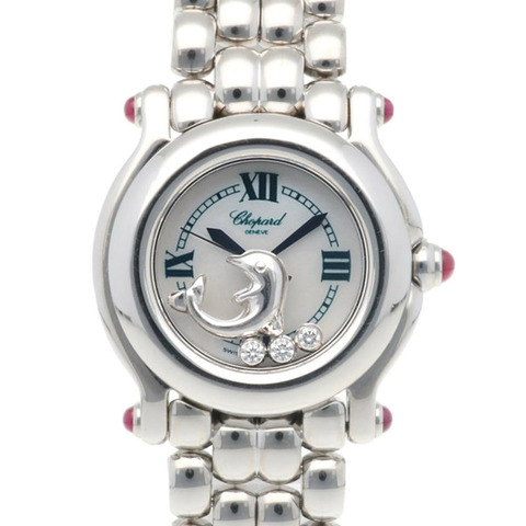 蕭邦 Happy Sport 女士腕錶，不鏽鋼材質，型號 27/8520-21，石英機芯，海豚造型，鑲鑽，白色錶殼