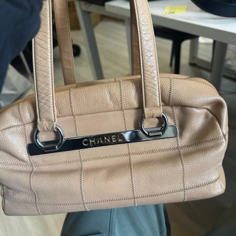 Chanel中古vintage 奶茶手提單肩 腋下包保齡球包-0