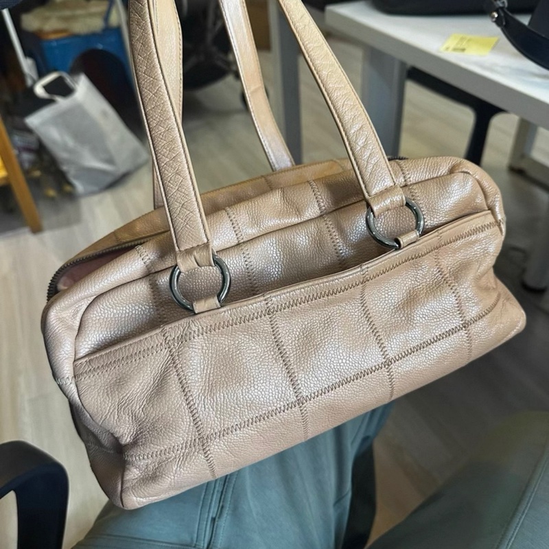 Chanel中古vintage 奶茶手提單肩 腋下包保齡球包-1