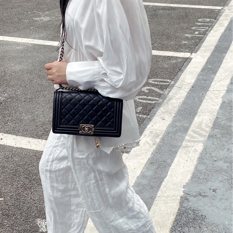 🕯️極優惠香奈兒低於專櫃15萬 CHANEL LEBOY黑銀羊皮BOY25 A67086-2