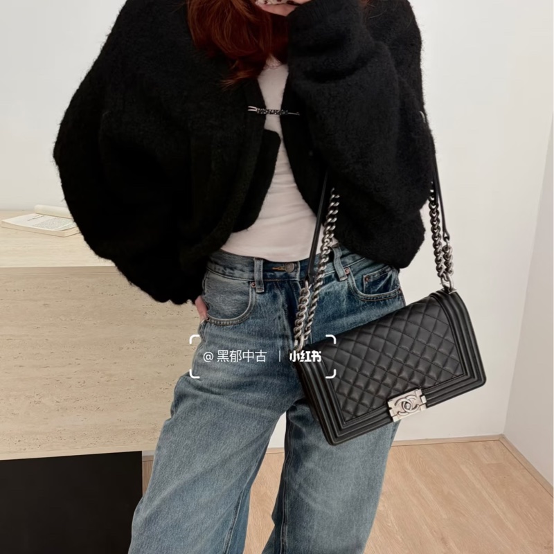 🕯️極優惠香奈兒低於專櫃15萬 CHANEL LEBOY黑銀羊皮BOY25 A67086-5