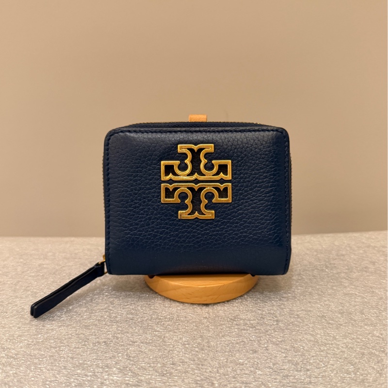 Tory Burch 雙T-LOGO素面扣式皮革短夾-深藍-0