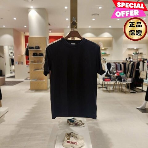 🎉2026新品好折扣✨Burberry 81062481 男款修身格紋裝飾棉質短袖 T-shirt 上衣 黑色 S/M/L/XL
