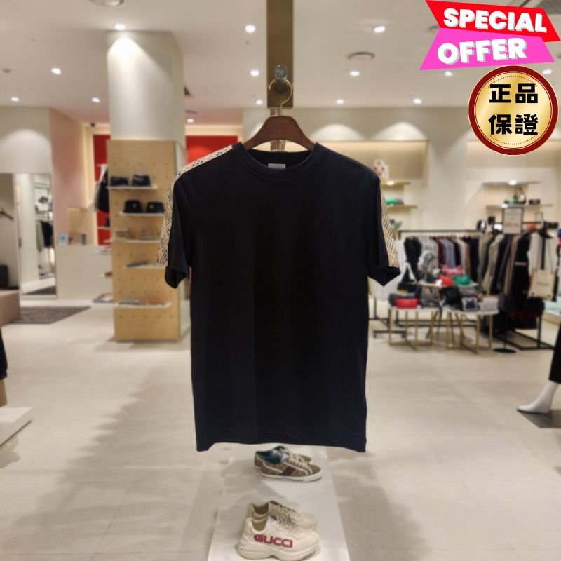 🎉2026新品好折扣✨Burberry 81062481 男款修身格紋裝飾棉質短袖 T-shirt 上衣 黑色 S/M/L/XL-0
