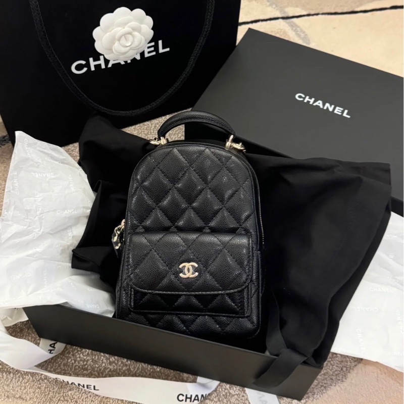 全新全配🈶購證❤️ 香奈兒 #荔枝皮 #黑金 #小書包 #雙肩包-0