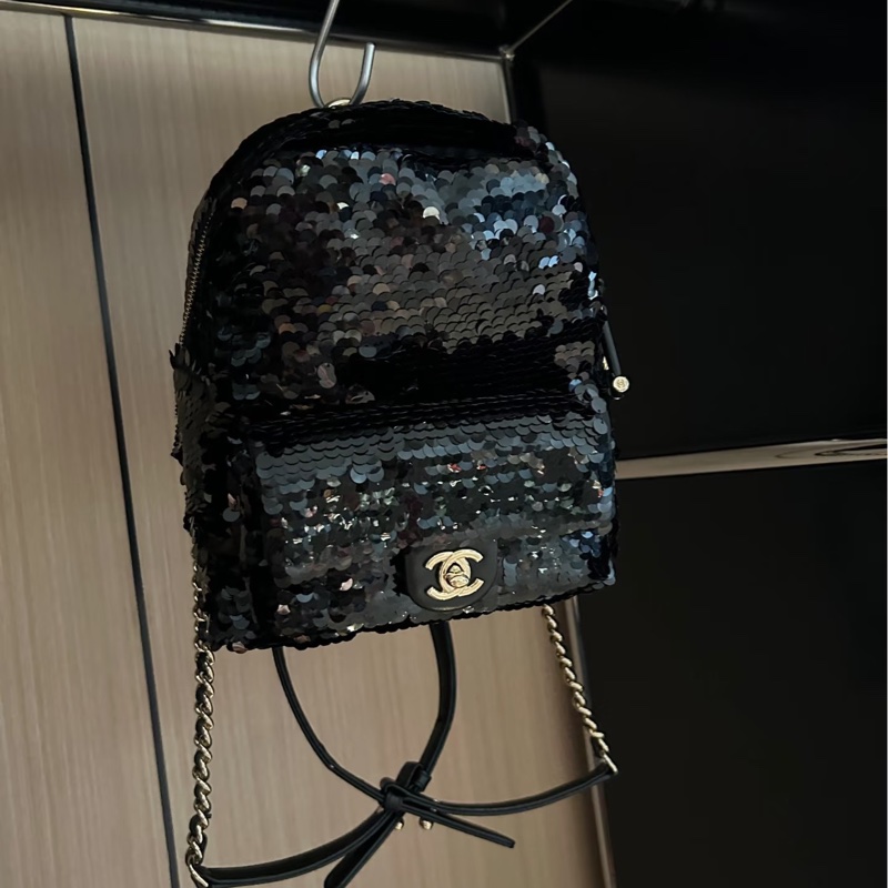 全新全配❤️ 香奈兒 #限量款亮片 #黑金 #小書包 #雙肩包-0