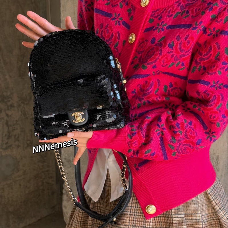 全新全配❤️ 香奈兒 #限量款亮片 #黑金 #小書包 #雙肩包-2