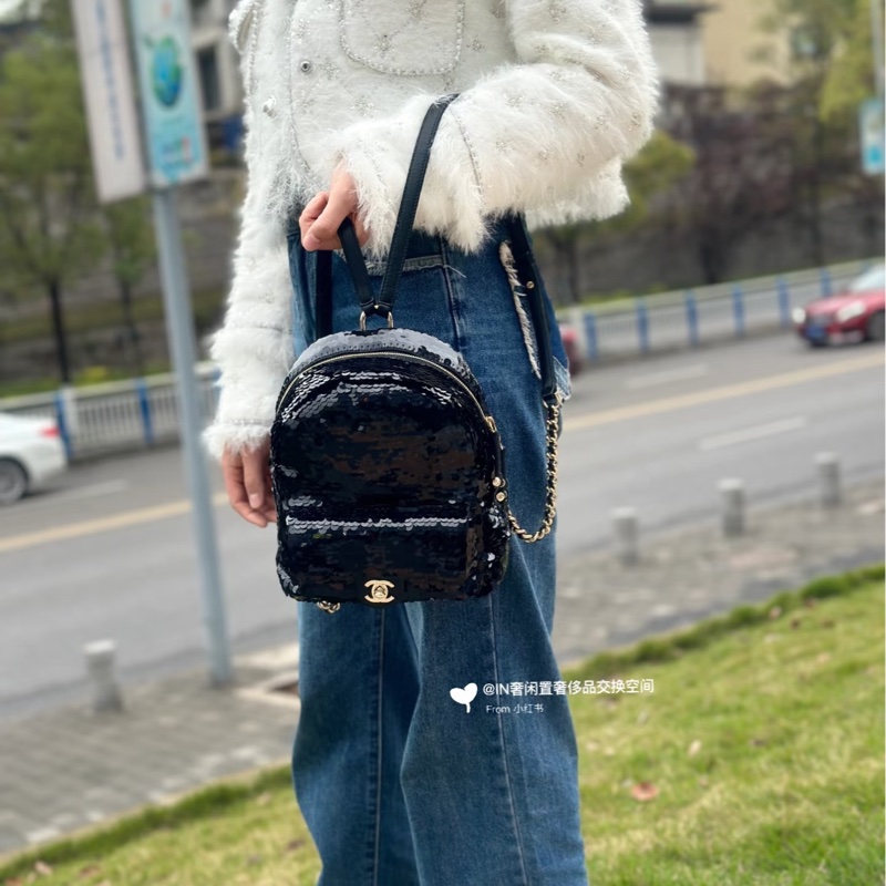 全新全配❤️ 香奈兒 #限量款亮片 #黑金 #小書包 #雙肩包-3