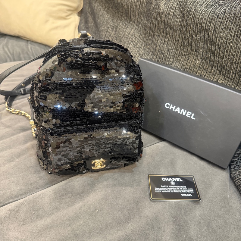 全新全配❤️ 香奈兒 #限量款亮片 #黑金 #小書包 #雙肩包-4
